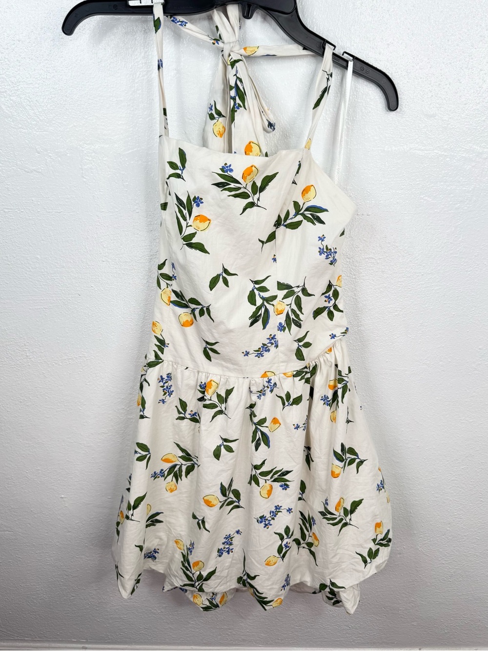Sim & Sam Dress Womens XL White Lemon Print Halter Mini Fit & Flare Lined